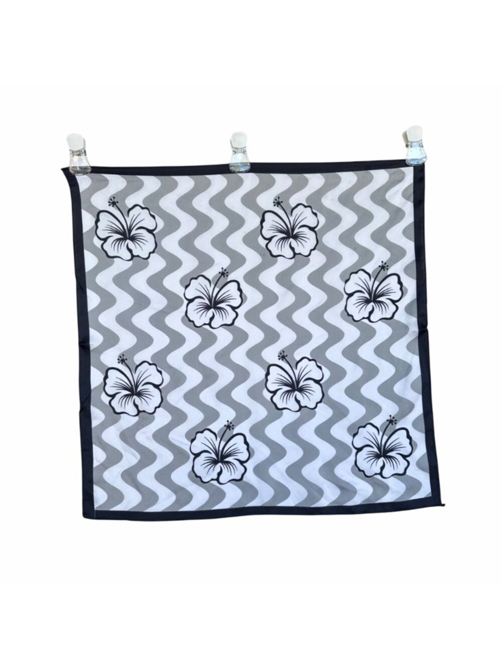 ⭐Silky Scarf Women’s Gray White Black Hibiscus Floral Wave Print Square Bandana - Picture 3 of 4